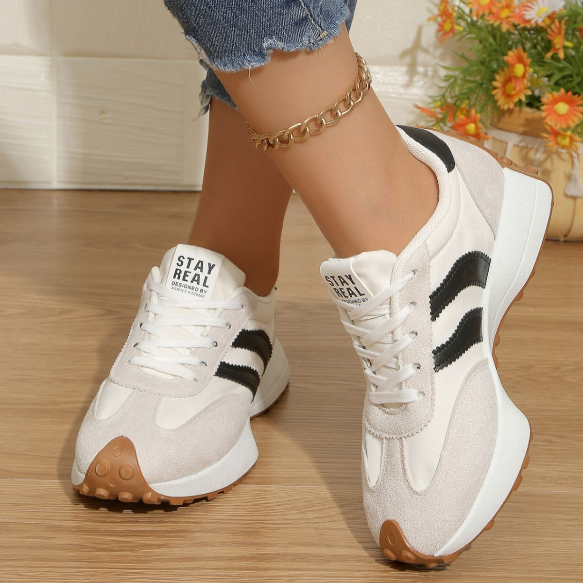 Women's round toe lace-up flat casual sneakers by Trendsi, made of comfortable PU leather with a stylish, everyday design.