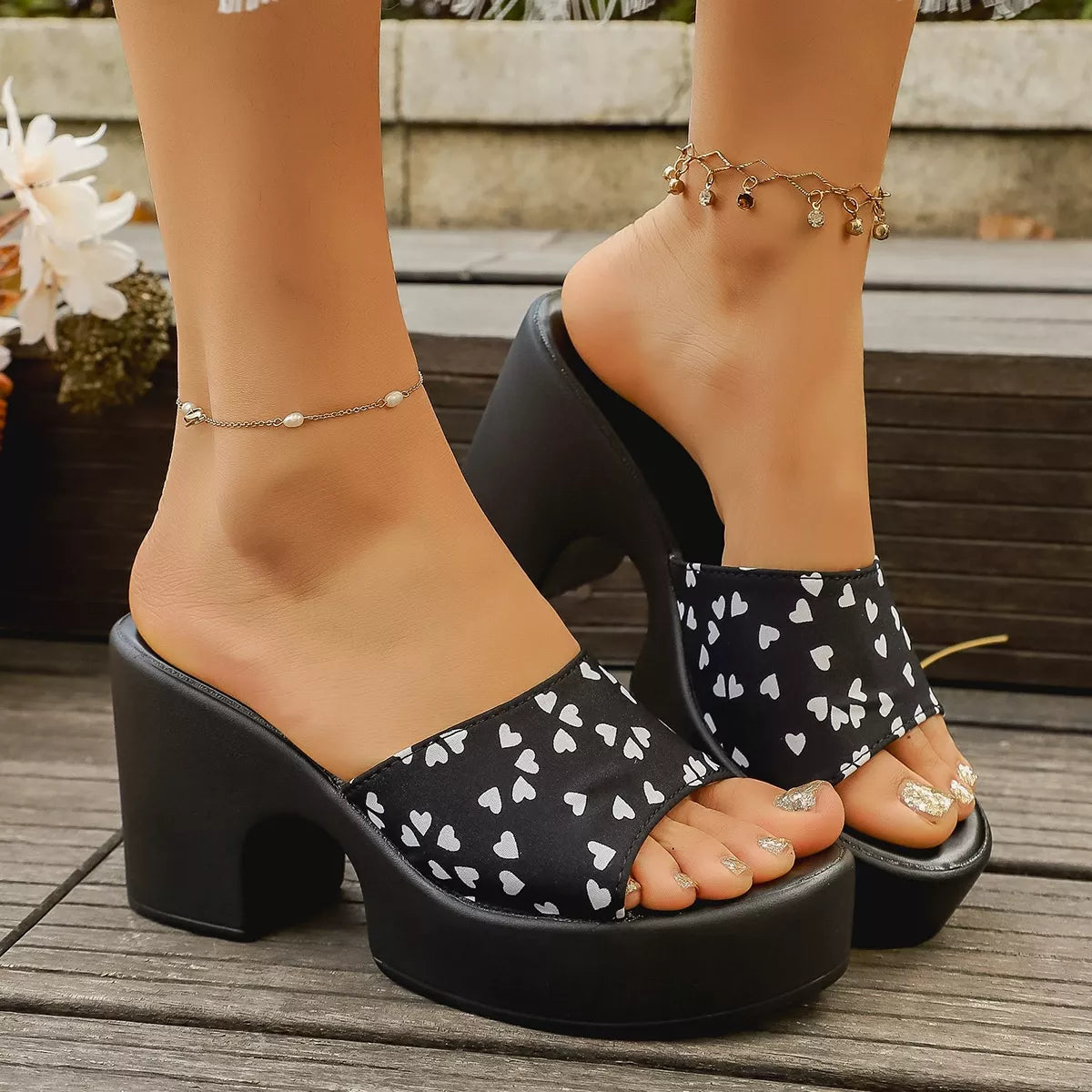 Heart print block heel sandals by Plush Fashion Hub featuring stylish heels with heart designs and comfortable block heel support.