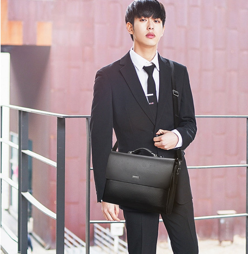 Large capacity men's Pi-Mart horizontal business briefcase with handle, suitable for work and travel.