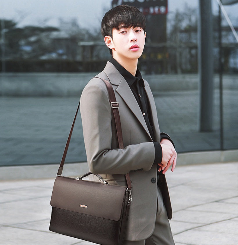 Men's Pi-Mart horizontal briefcase with large capacity, professional business handbag for men, made of durable material.
