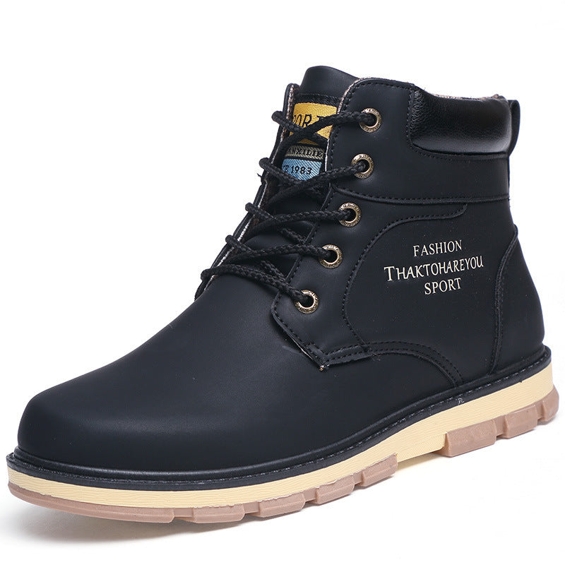 High-top black fashion military boots for men, featuring waterproof design and stylish car suture detailing.