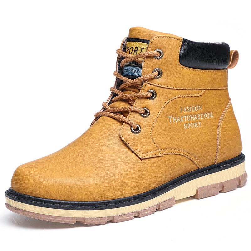 Fashion military high-top tooling boots for men in tan color, featuring lace-up design and durable sole. Perfect for winter adventures.