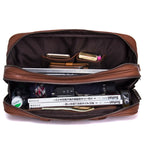 Pi-Mart multifunctional leather men's business briefcase with multiple compartments and sturdy handles for professional use.