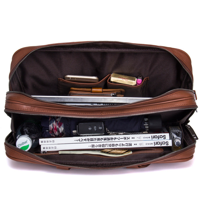 Pi-Mart multifunctional leather men's business briefcase with multiple compartments and sturdy handles for professional use.
