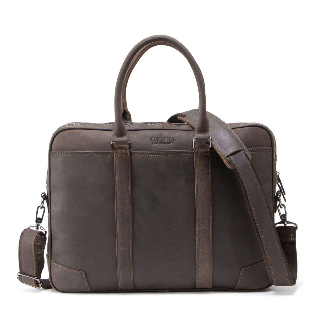 Pi-Mart multifunctional leather men's business briefcase with handles and compartments, ideal for professional use.