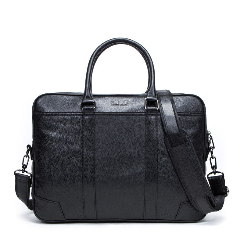 Pi-Mart multifunctional leather men's business briefcase with multiple compartments and sleek design for professional use.