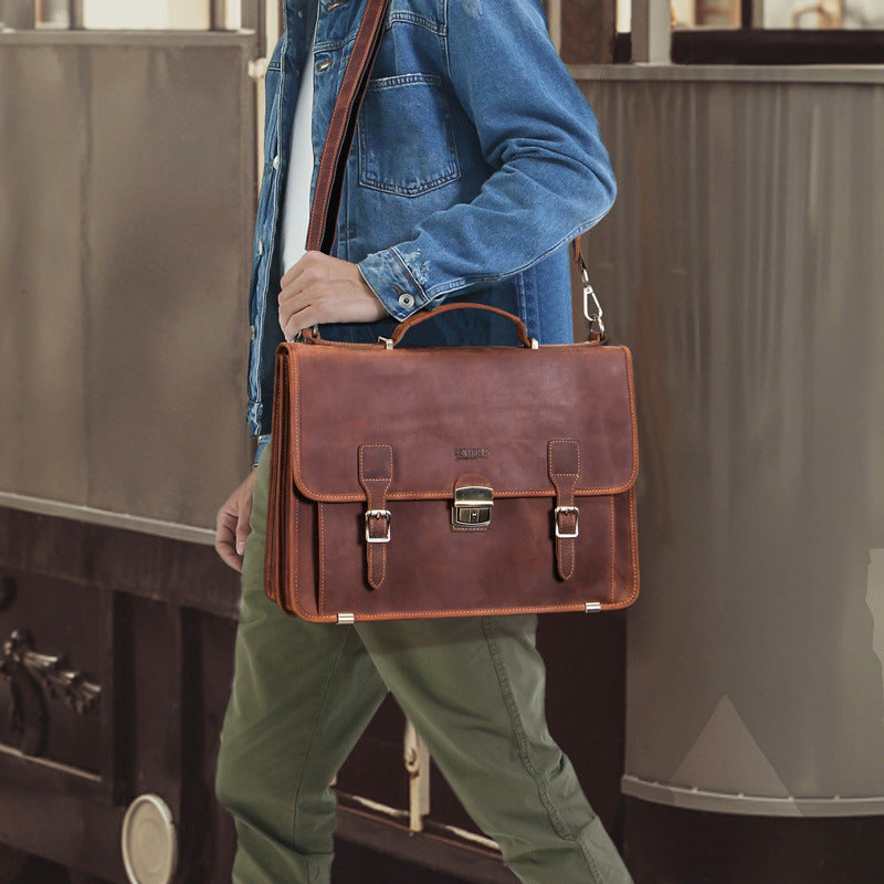 Pi-Mart 14-inch men's leather business briefcase with sturdy handle and classic design for professional use