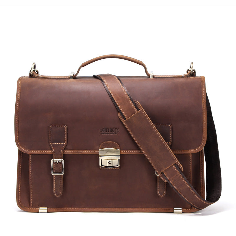 14-inch men's leather business briefcase by Pi-Mart, featuring a sleek design with multiple compartments for laptops and documents.