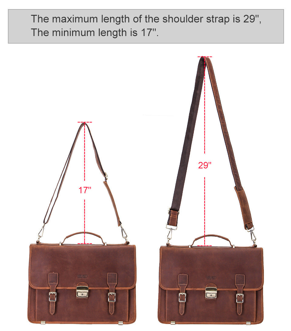 Pi-Mart 14-inch men's leather business briefcase with multiple compartments and sturdy handle for professional use.