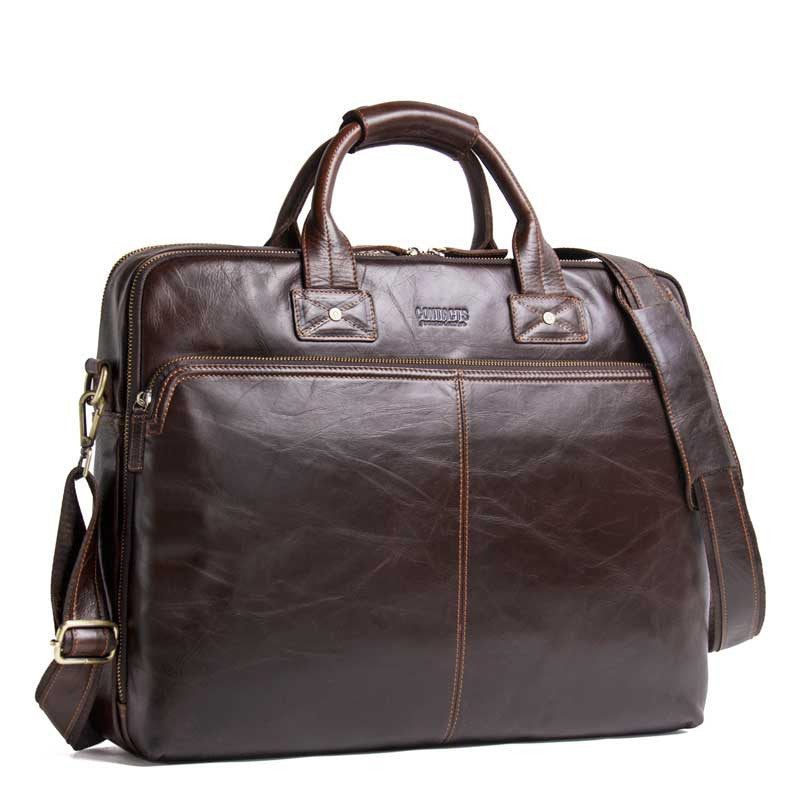 Pi-Mart casual leather briefcase for men, large capacity shoulder bag with multiple compartments and sturdy handles.