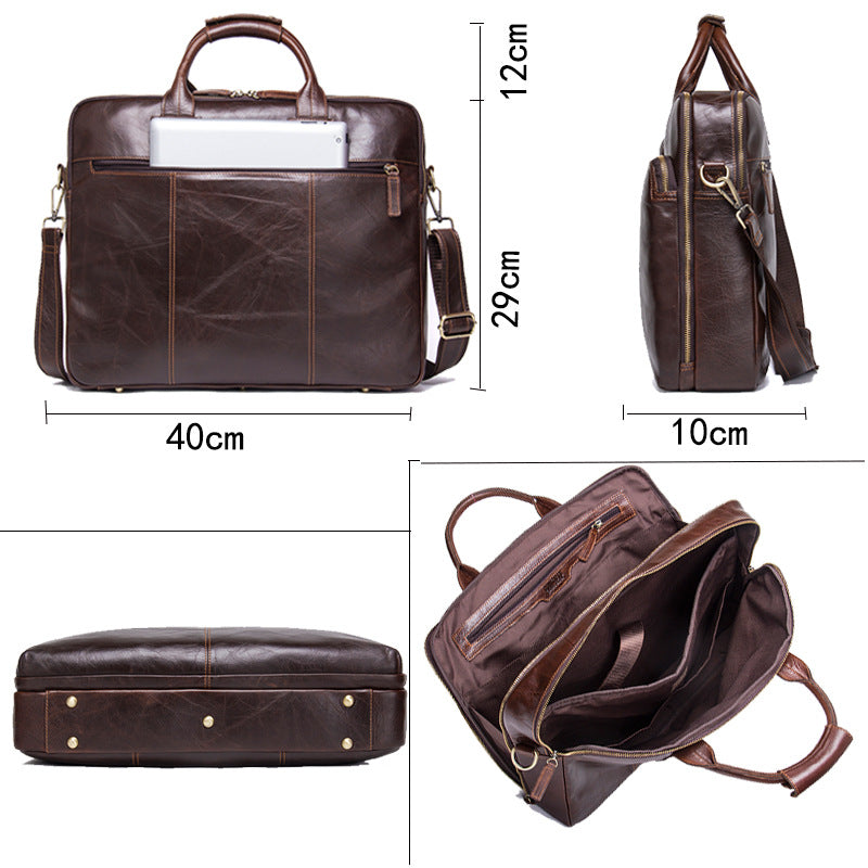 Pi-Mart casual leather business briefcase with large capacity, men's shoulder bag, featuring multiple compartments and sturdy handles.