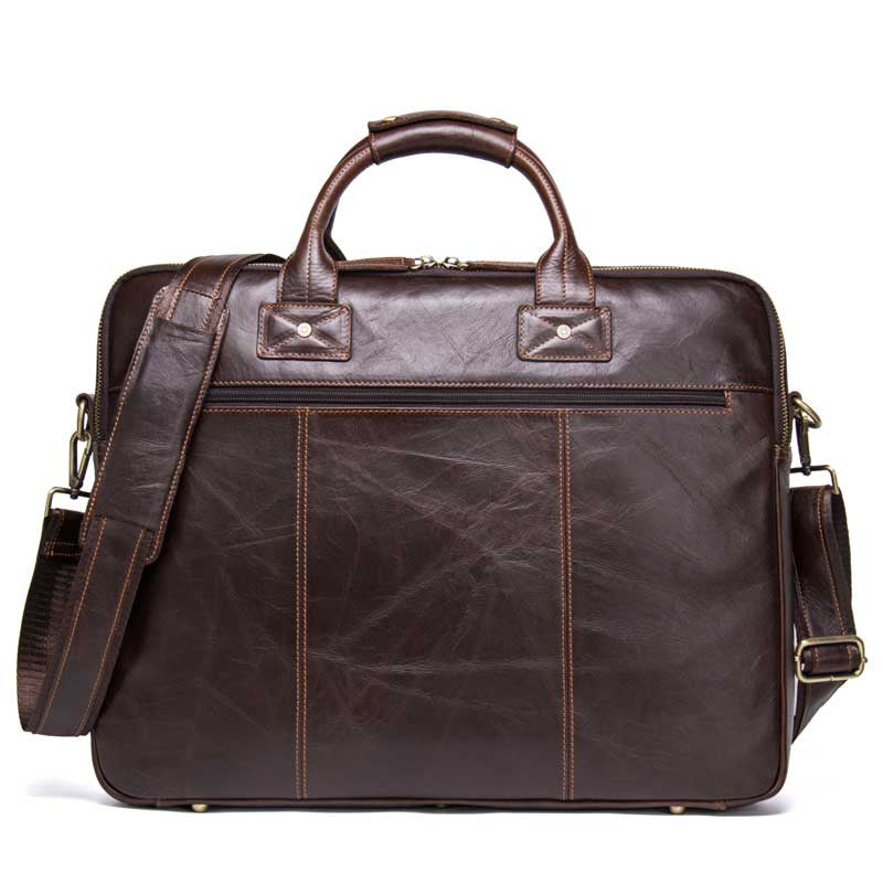 Pi-Mart casual leather business briefcase with large capacity, men's shoulder bag, featuring multiple compartments and sturdy handle.