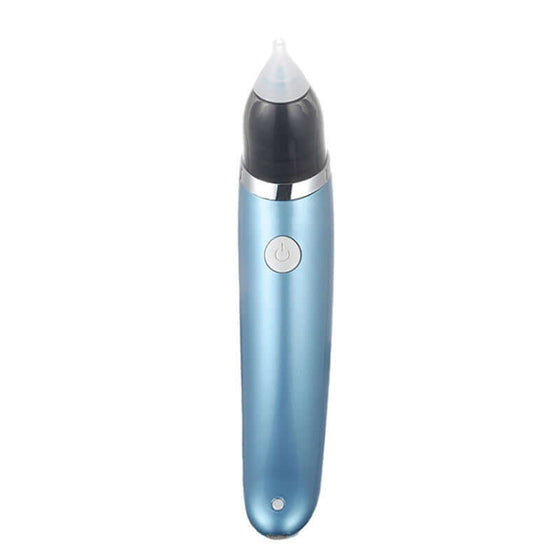 Children's electric nasal aspirator in blue, featuring soft silicone tip and adjustable suction power options.