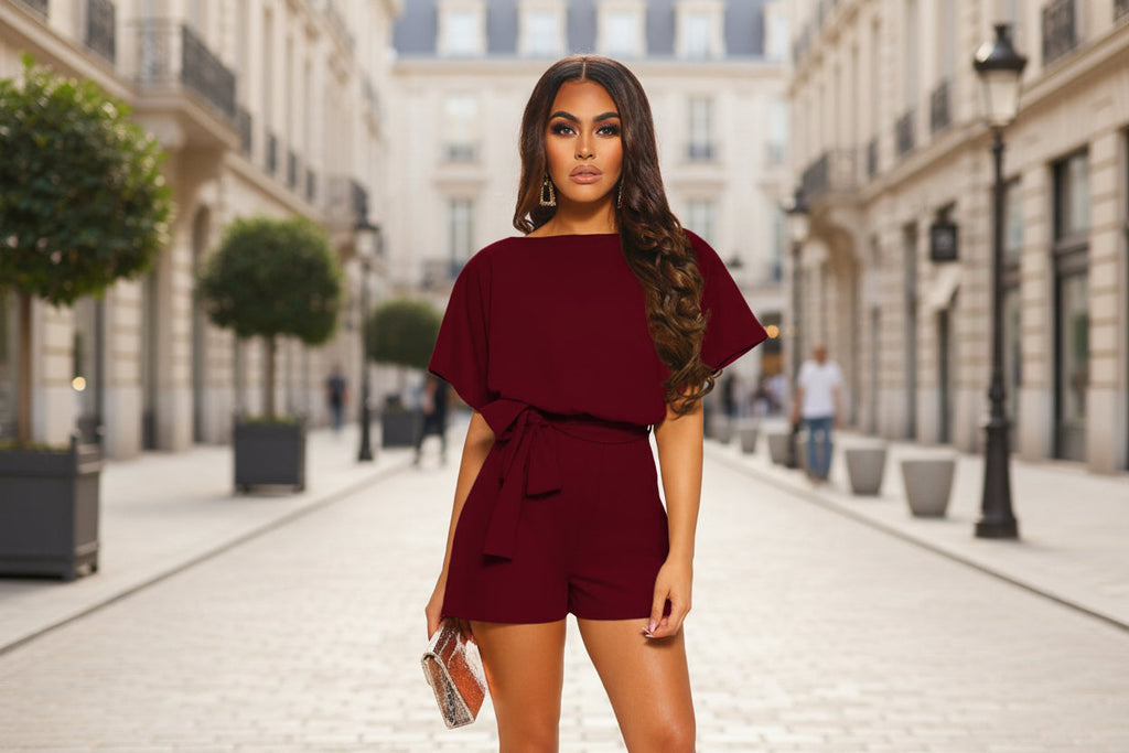 Silk belted short sleeve A-line mini jumpsuit by FitiqueFit in four colors, casualwear, available in sizes S to 5XL.