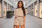 FitiqueFit belted short sleeve silk A-line mini jumpsuit in four colors, casualwear, available in sizes S to 5XL.