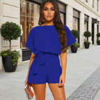 Silk belted short sleeve A-line mini jumpsuit by FitiqueFit in multiple colors, casualwear, available in sizes S to 5XL.