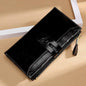 Women's multi card buckle long oil wax leather wallet in black, featuring a retro design with multiple pockets and a draw buckle.