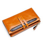 Women's multi card buckle long oil wax leather wallet with soft surface and retro design.