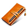 Women's multi card buckle long oil wax leather wallet in orange with draw buckle design.