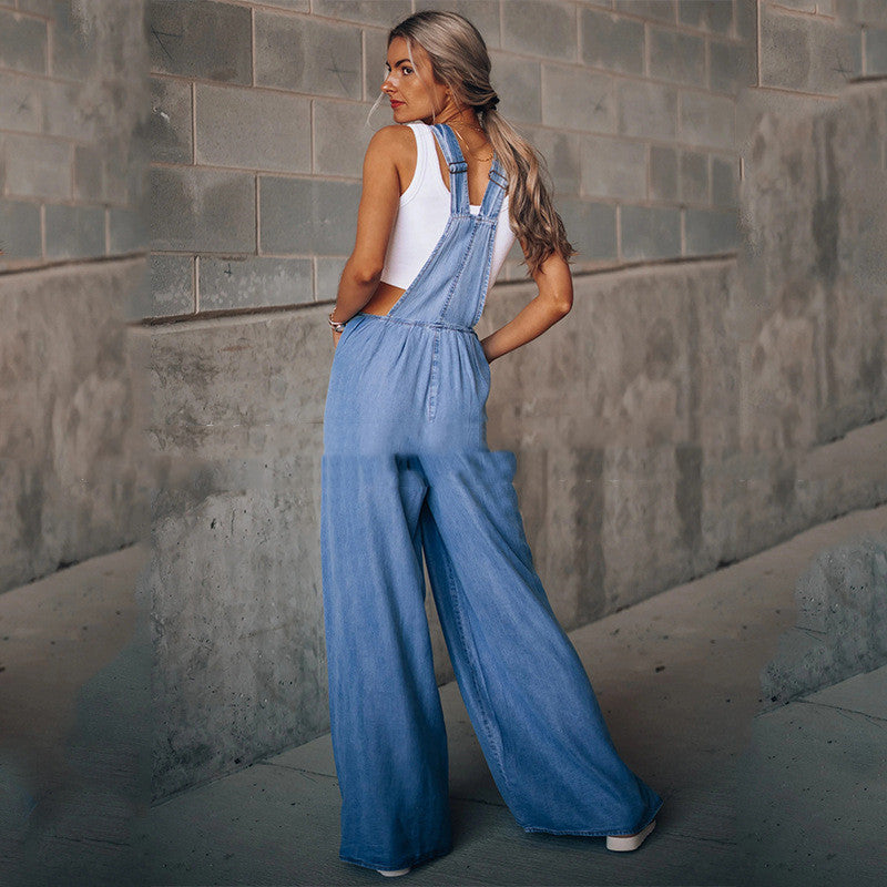 Women’s wide leg denim overalls by FitiqueFit, casualwear with relaxed fit, featuring adjustable straps and front pockets.