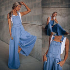 Women’s wide leg denim overalls by FitiqueFit, casualwear with adjustable straps, front pockets, and relaxed fit.