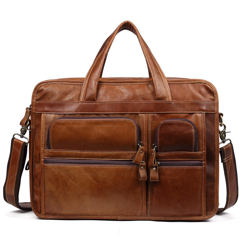 Pi-Mart casual retro leather men's briefcase with sturdy handle and classic design, perfect for professional or everyday use.