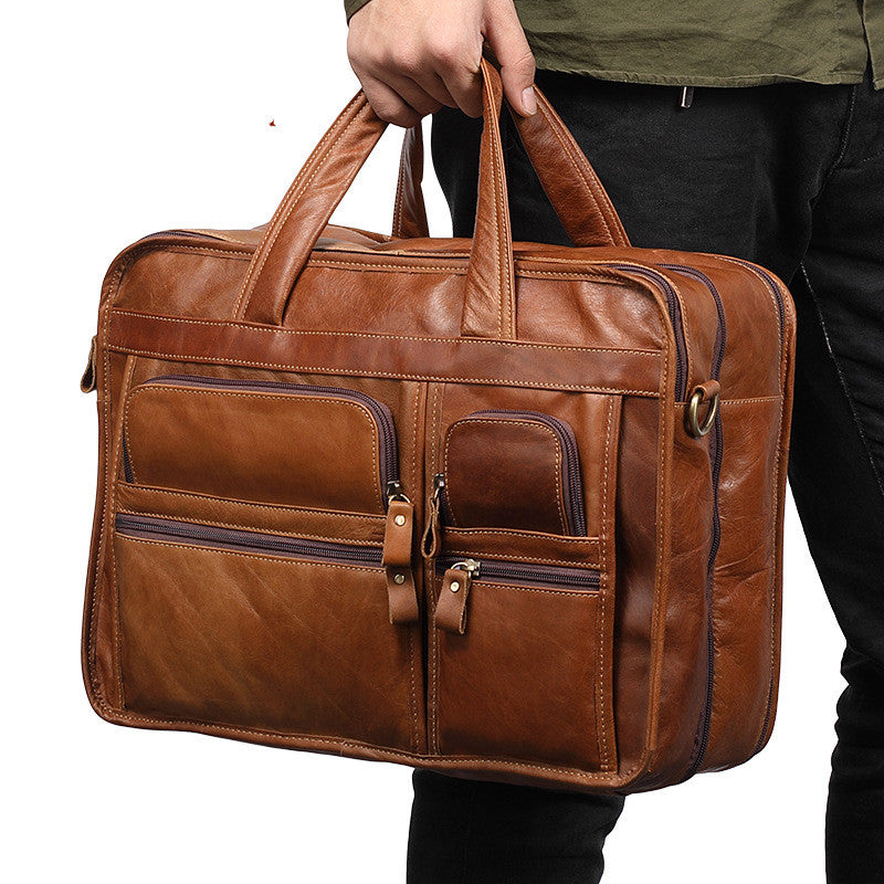 Pi-Mart casual retro leather men's briefcase with sturdy handle and classic design, ideal for professional or everyday use.