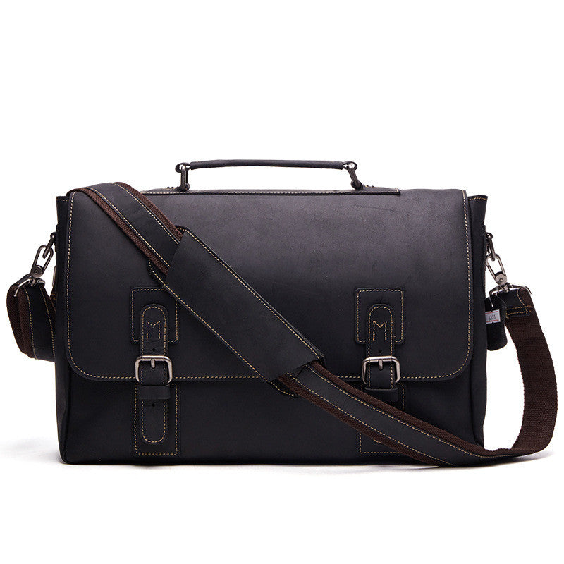 Pi-Mart leather men's briefcase, a professional business bag with sturdy handles and sleek design, suitable for work or meetings.