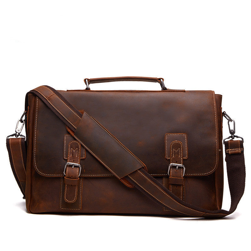 Leather men's briefcase by Pi-Mart, stylish business bag with handles and compartments, suitable for professional use.