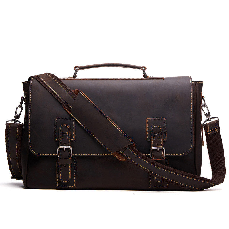 Pi-Mart men's leather briefcase, stylish business bag with sturdy handles and multiple compartments for professional use.
