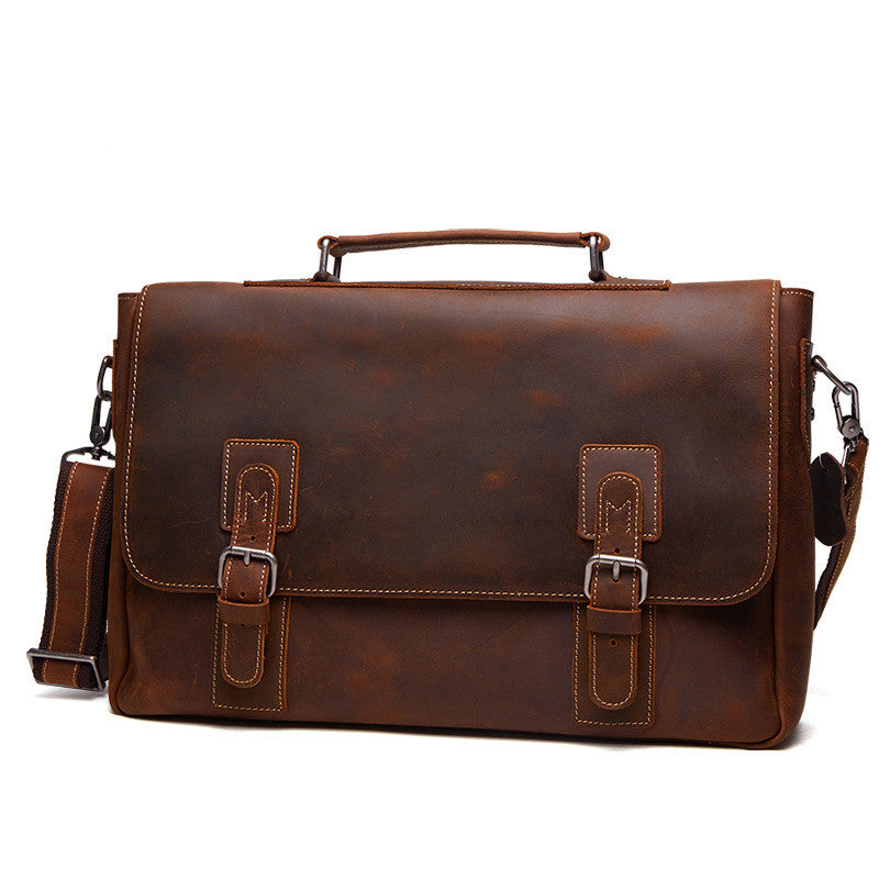 Pi-Mart leather men's briefcase, stylish business bag with sturdy handles and multiple compartments for professional use.