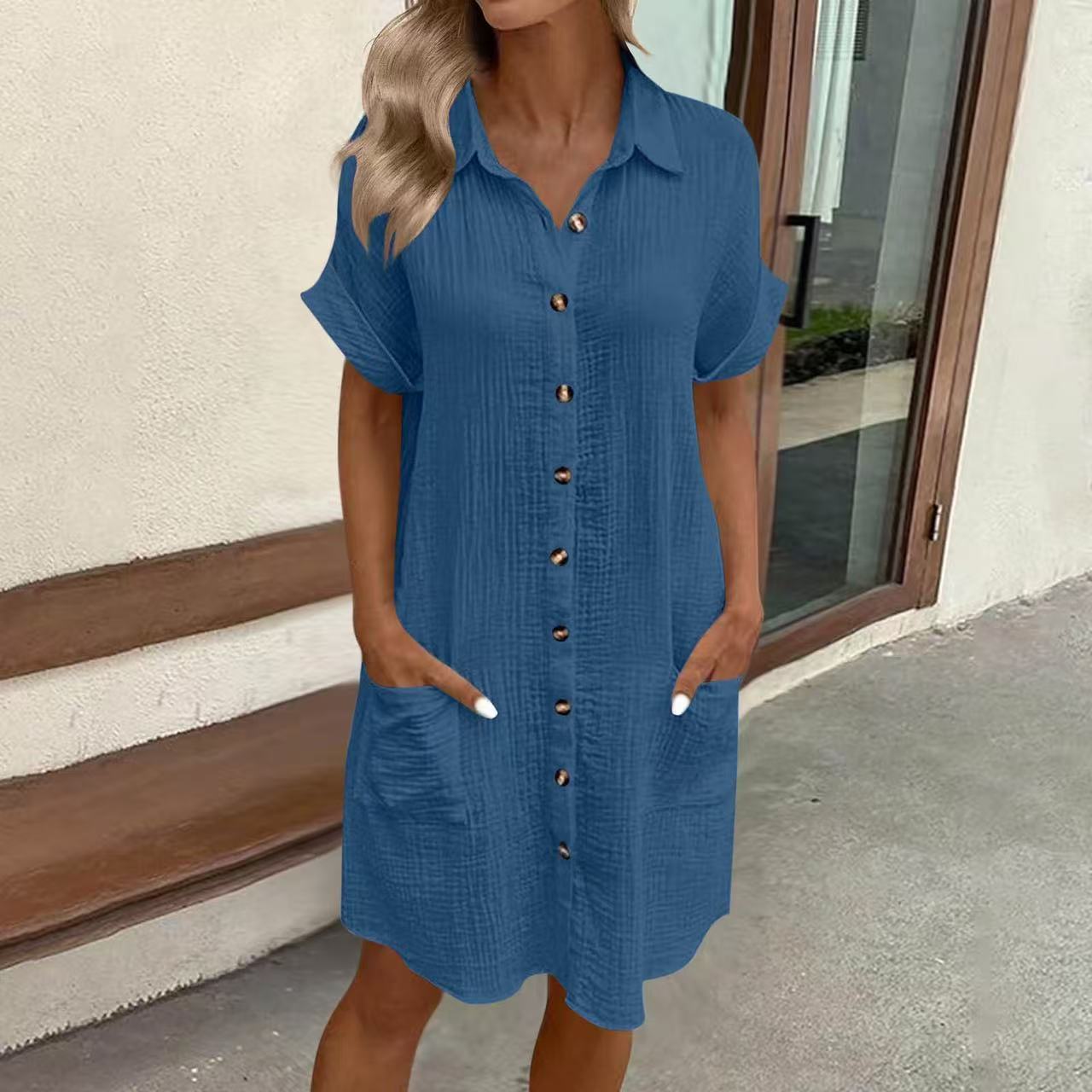 Women's casual FitiqueFit loose short-sleeve midi shirt dress with button-down front, ideal for comfortable, stylish everyday wear.