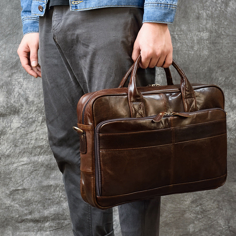 Vintage men's Pi-Mart briefcase made of genuine crazy horse leather, featuring a classic business commuter design.