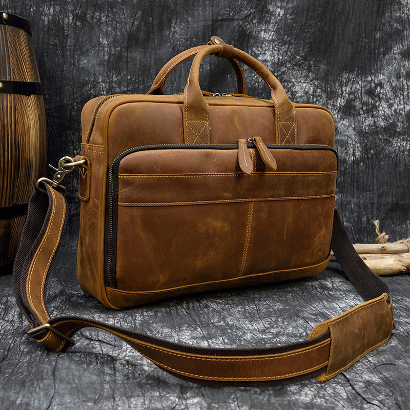 Vintage men's Pi-Mart leather briefcase with a classic commuter design, made from durable genuine Crazy Horse leather.