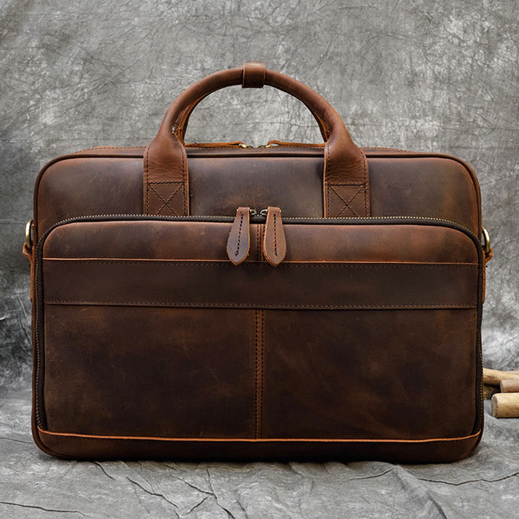 Vintage Pi-Mart men's briefcase made of genuine Crazy Horse leather, featuring a classic business commuter design.