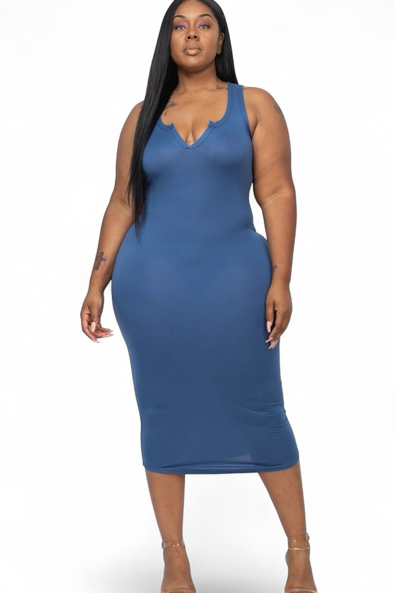Black curvy split neck tank dress by Plush Fashion Hub featuring a flattering fit and sleeveless design.