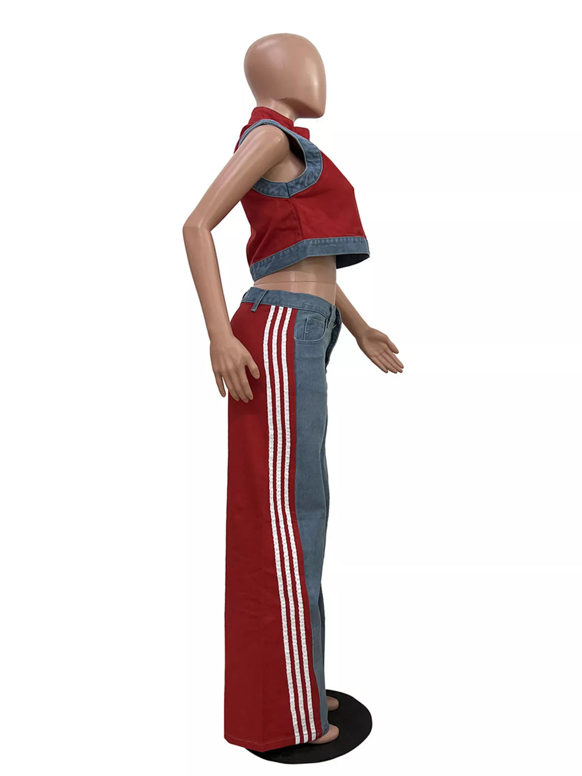 Zip front crop top and striped pants set from Plush Fashion Hub, stylish two-piece outfit with a modern, casual look.