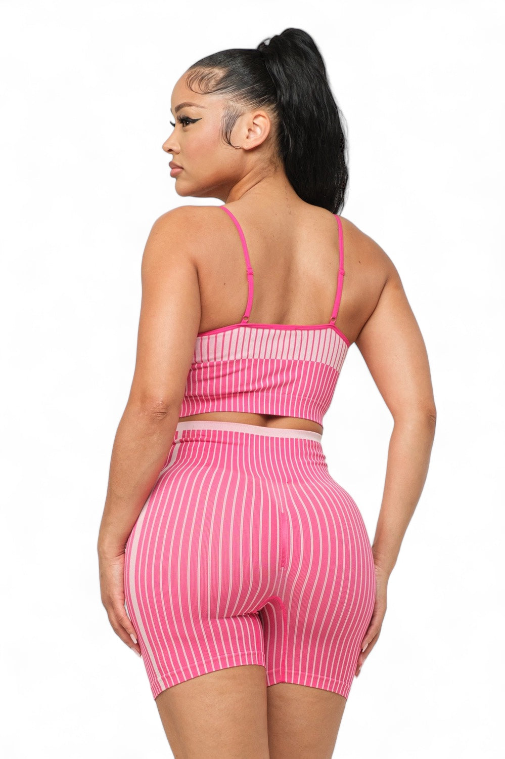 Seamless striped activewear set with fitted top and biker shorts from Plush Fashion Hub, perfect for workout or casual wear.