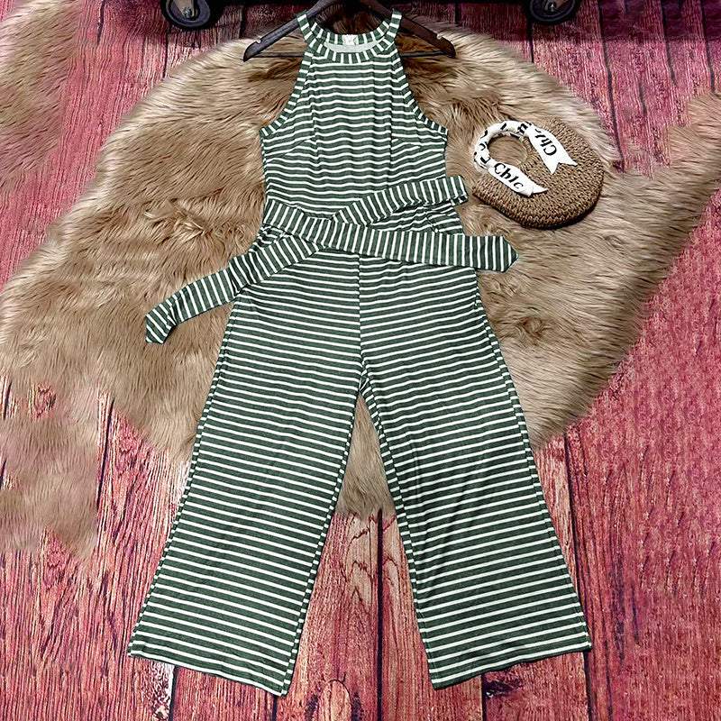 Casual striped summer jumpsuit with cap sleeves and wide-leg design by Plush Fashion Hub, perfect for relaxed warm-weather wear.