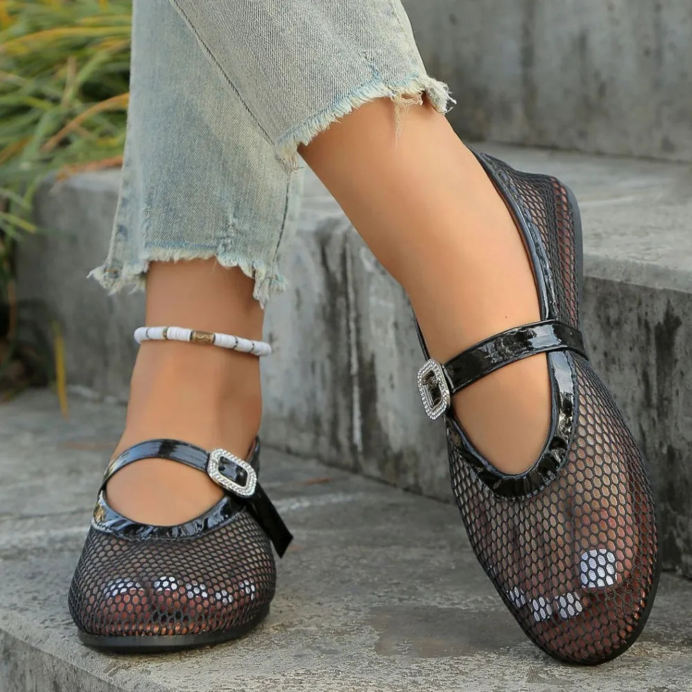 Women's breathable mesh flat summer sandals with round toe from Plush Fashion Hub, showcasing comfortable open-toe shoe design.