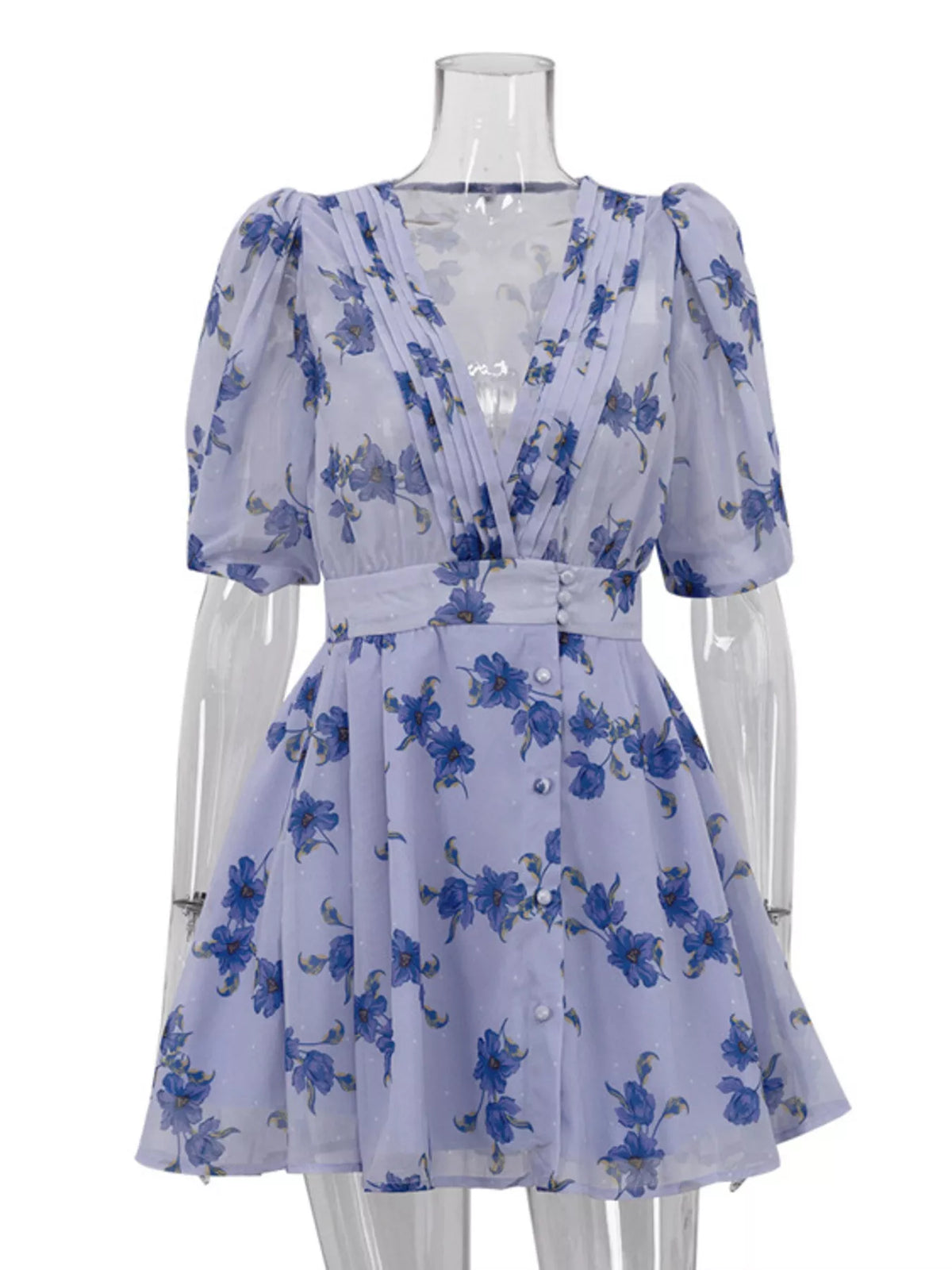 Floral puff sleeve mini dress by Plush Fashion Hub featuring a fitted bodice and flowy skirt with vibrant flower patterns.