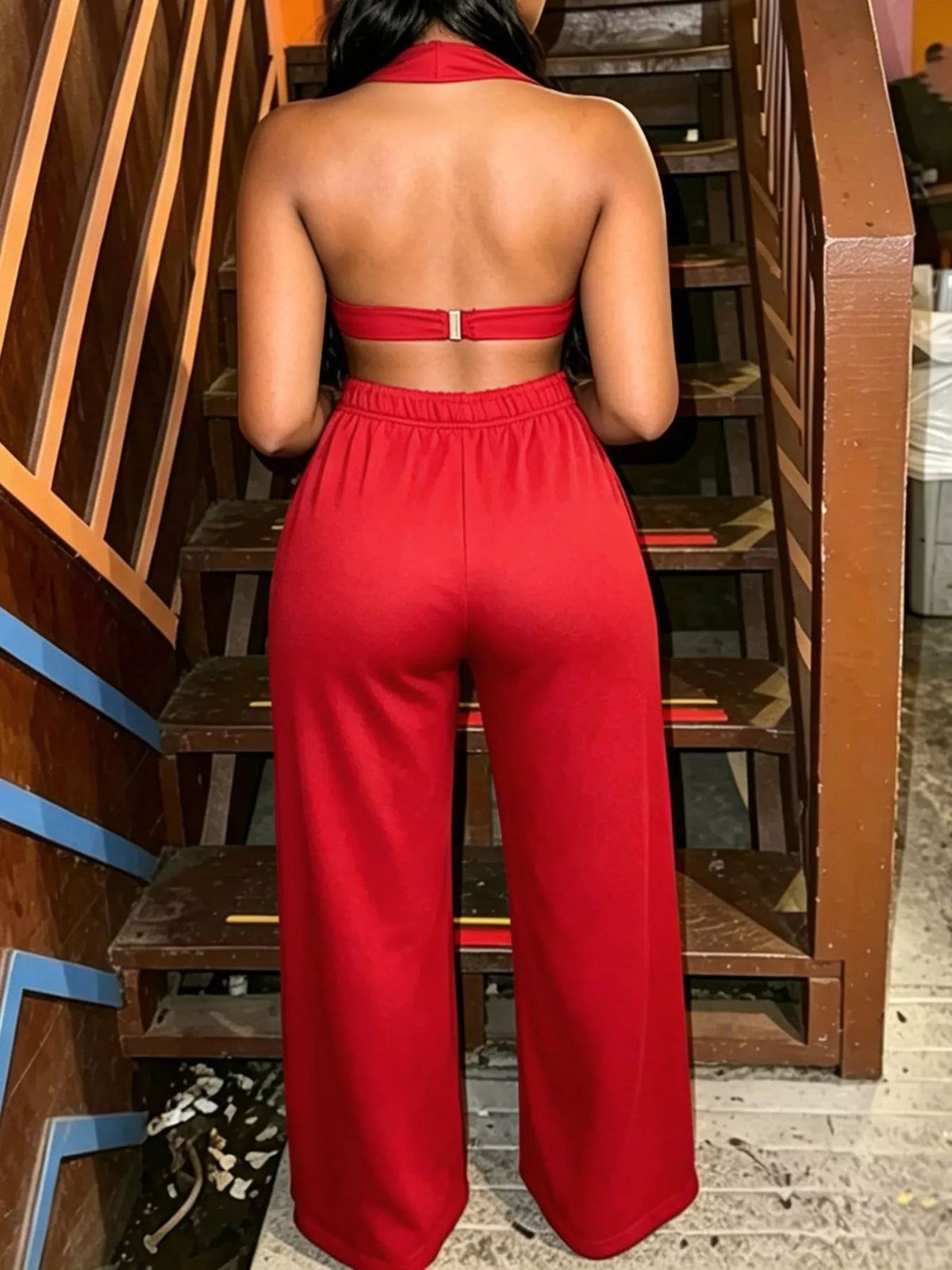 Trendsi eyelet crop top and wide-leg pants set, stylish matching outfit with eyelet details and flowy silhouette.