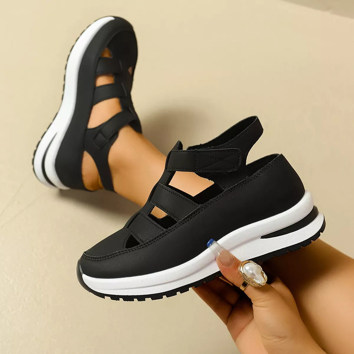 Plush Fashion Hub cutout round toe platform sandals with chunky heel and open toe design, stylish summer footwear for women