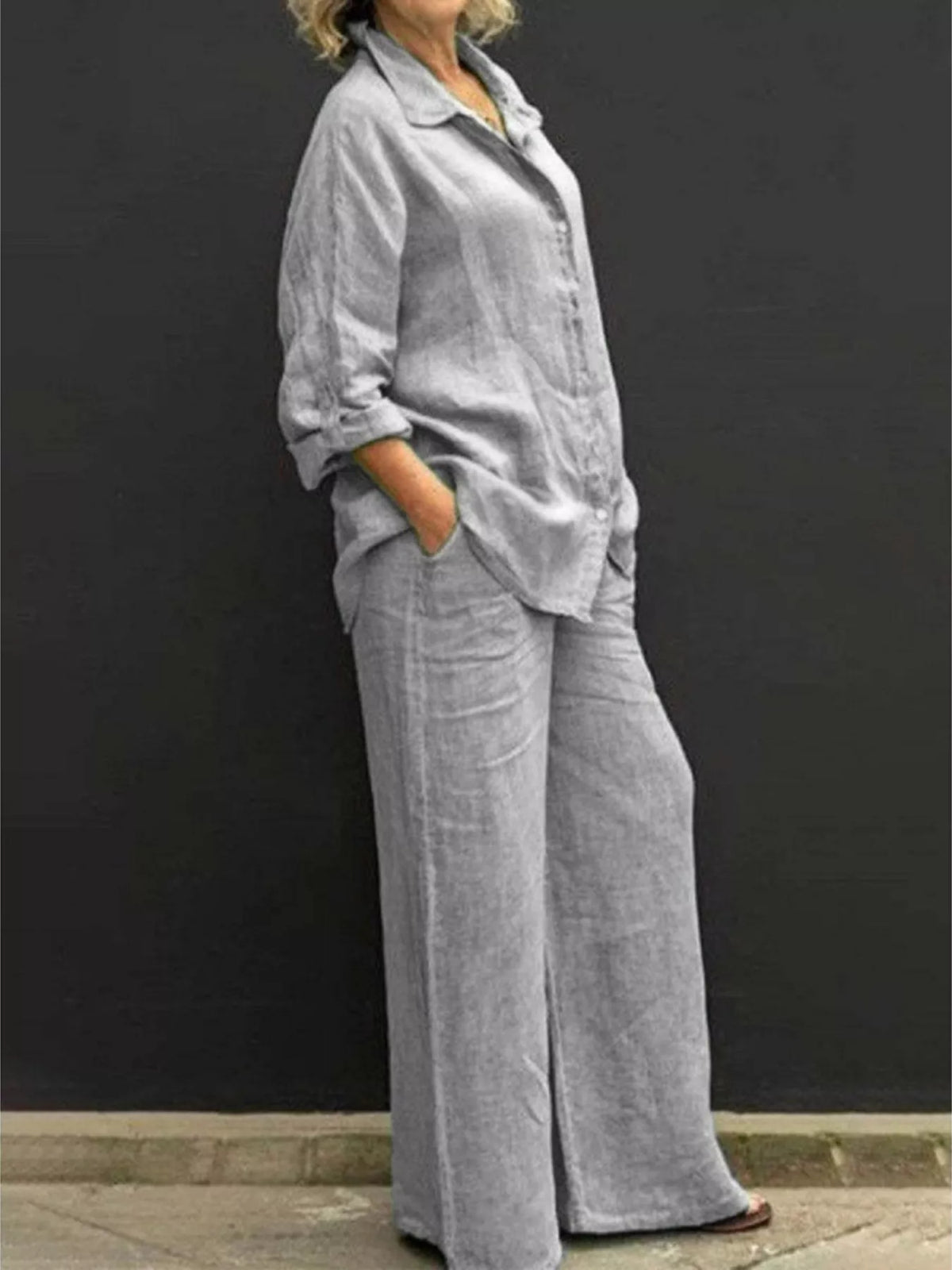 Plus size loungewear set by Plush Fashion Hub featuring a long sleeve shirt and matching pants in comfortable, casual style.