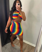 Rainbow tie-dye halter bodycon mini dress for women, featuring vibrant colors and a fitted silhouette.
