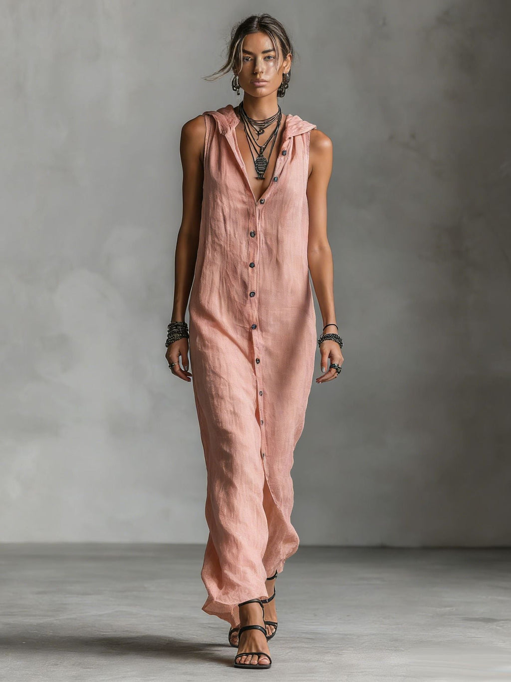 Women's sleeveless deep V-neck hooded loose maxi dress by FitiqueFit in 6 colors, featuring a flowy design and relaxed fit.