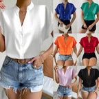 Light orange satin V-neck short sleeve shirt for women by Plush Fashion Hub, stylish casual wear with elegant comfort.