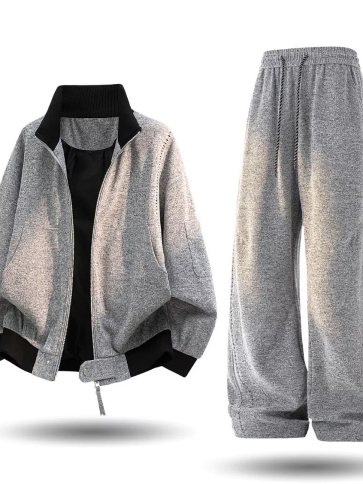 Men's plus size thick jacket and pants tracksuit set by Trendsi, featuring a warm, casual athletic outfit with a comfortable fit.