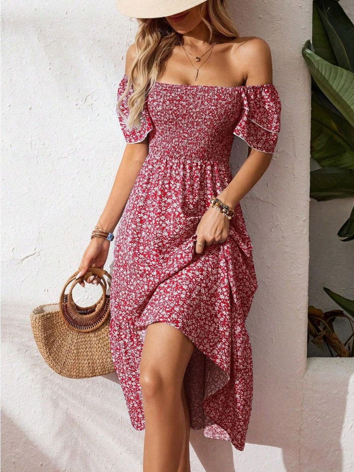 Floral print smocked ruffle sleeve midi dress from Plush Fashion Hub, lightweight summer fashion with a flowy silhouette.