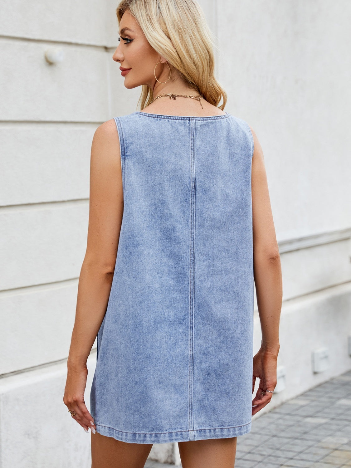 Plush Fashion Hub denim dress with scoop neckline and wide straps, casual fashion clothing for women.